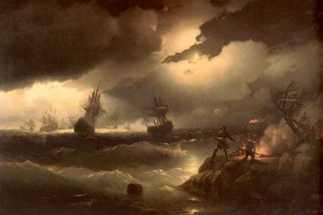 Сочинение по картине: Айвазовский - "Петр I при Красной горке, зажигающий костер на берегу, для подачи сигнала гибнущим судам своим"