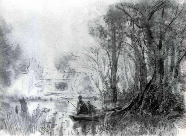 Сочинение по картине: Васильев - "Рыболовы в лодке у заброшенной мельницы"